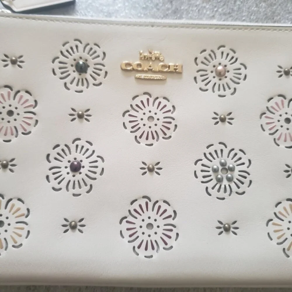 Coach White Leather Wristlet with Cut Out Tea Rose